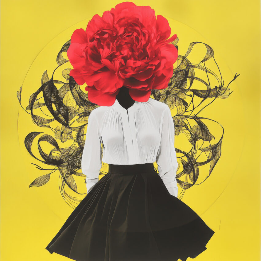 Kunstdruck einer Frau mit roter Blume als Kopf vor gelbem Hintergrund in moderner Illustration