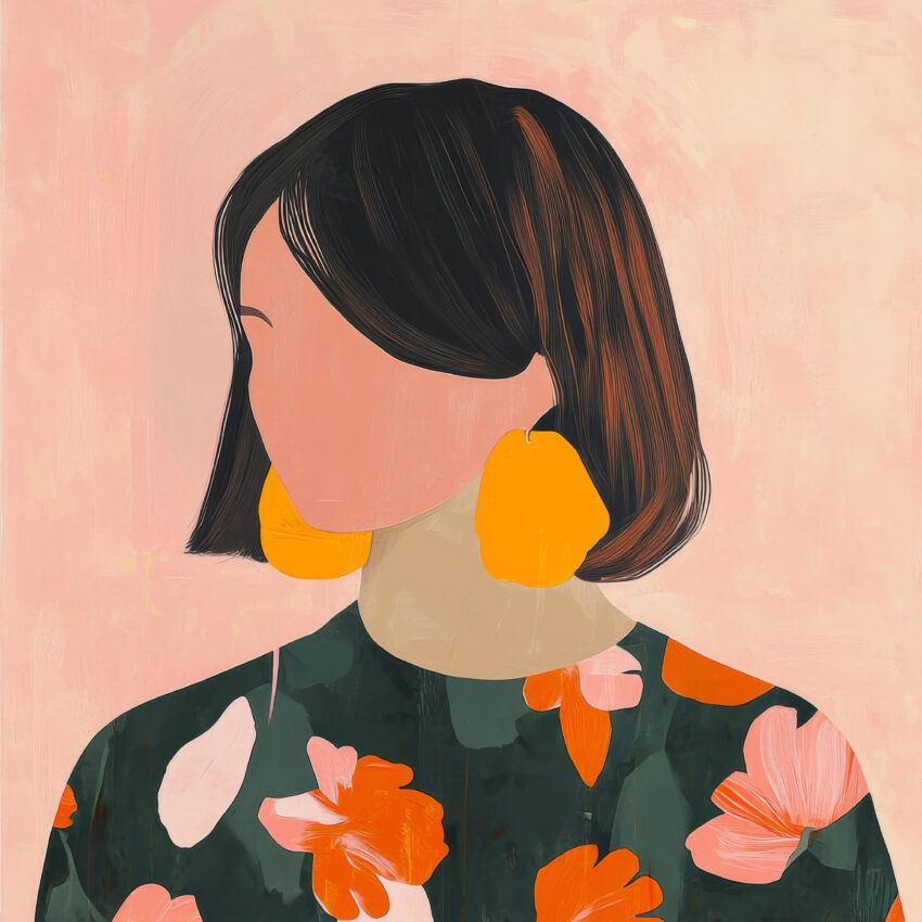 Kunstdruck einer Frau mit kurzem dunklem Haar, großen gelben Ohrringen und floral gemustertem Kleid in warmen Farben vor rosa Hintergrund