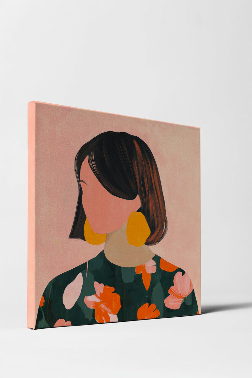 Kunstdruck einer Frau mit kurzem dunklem Haar, großen gelben Ohrringen und floral gemustertem Kleid in warmen Farben vor rosa Hintergrund