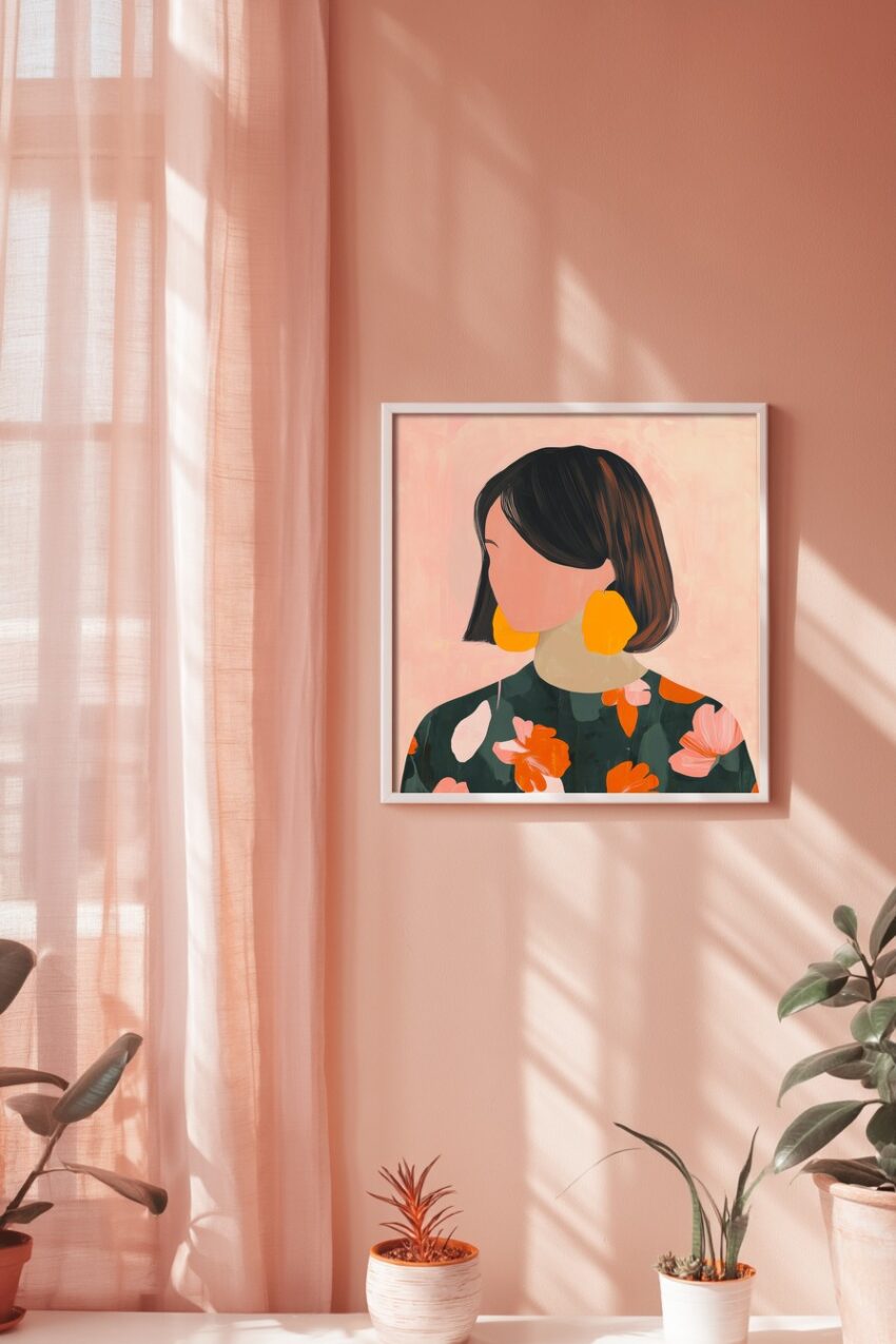 Kunstdruck einer Frau mit kurzem dunklem Haar, großen gelben Ohrringen und floral gemustertem Kleid in warmen Farben vor rosa Hintergrund