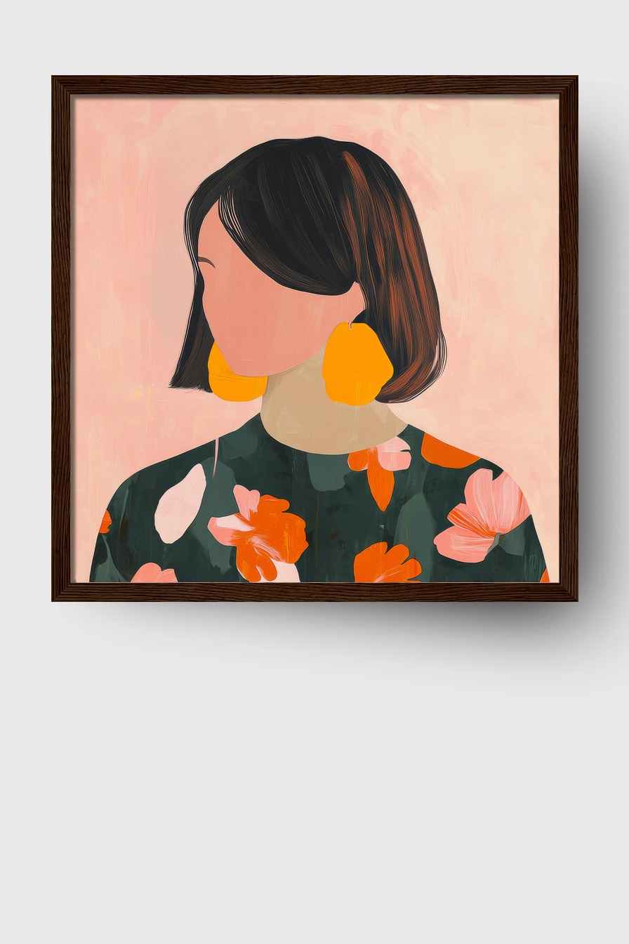 Kunstdruck einer Frau mit kurzem dunklem Haar, großen gelben Ohrringen und floral gemustertem Kleid in warmen Farben vor rosa Hintergrund