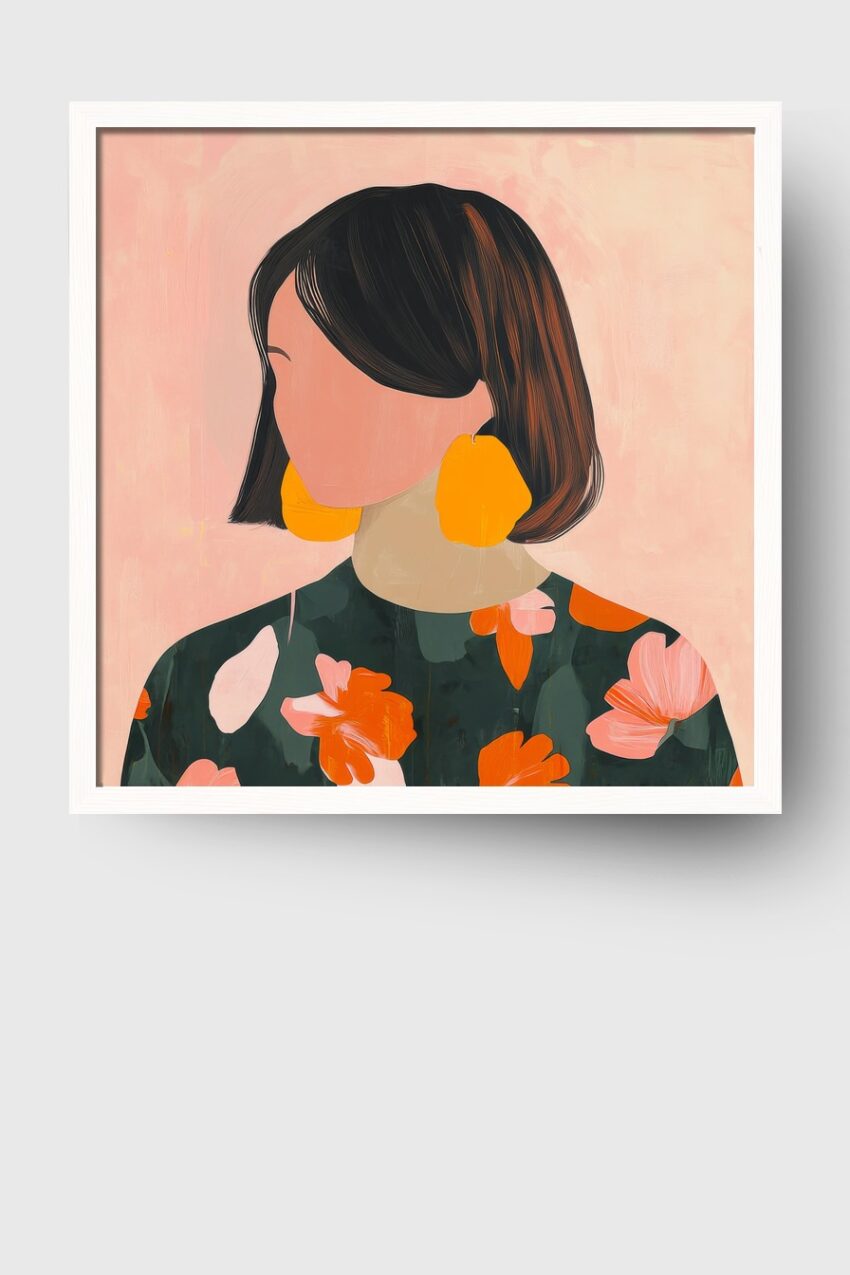 Kunstdruck einer Frau mit kurzem dunklem Haar, großen gelben Ohrringen und floral gemustertem Kleid in warmen Farben vor rosa Hintergrund