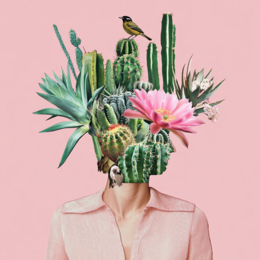 Surrealistisches Wandbild mit Frau, deren Kopf aus Kakteen und einer pinken Blüte besteht, moderner Kunstdruck mit grünem Pflanzenmotiv auf rosa Hintergrund