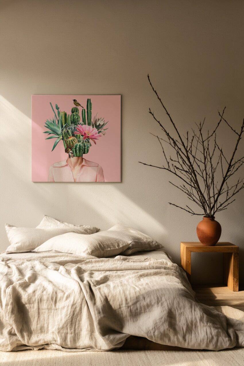 Surrealistisches Wandbild mit Frau, deren Kopf aus Kakteen und einer pinken Blüte besteht, moderner Kunstdruck mit grünem Pflanzenmotiv auf rosa Hintergrund