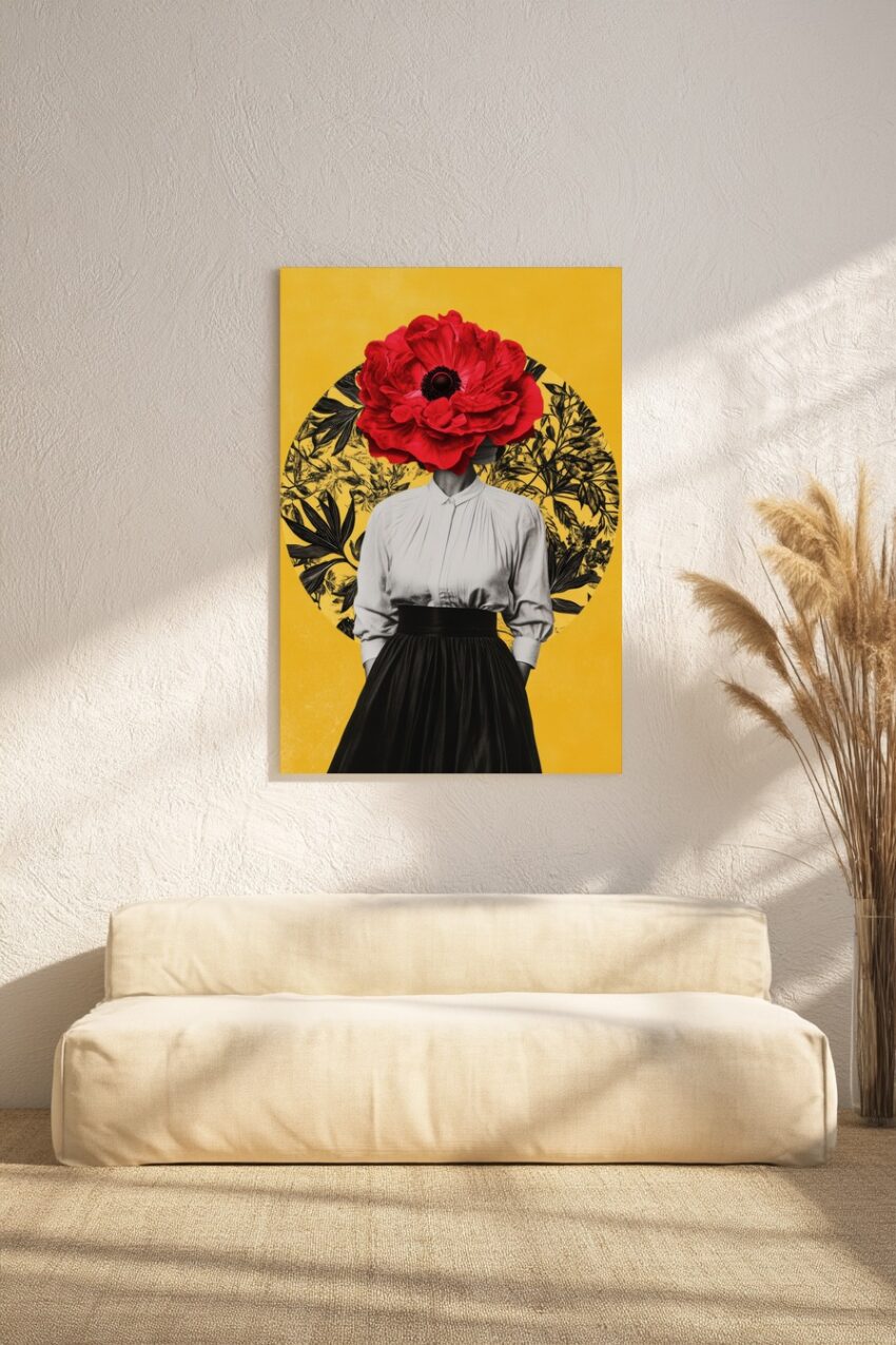 Poster einer Frau mit roter Blume als Kopf auf gelbem Hintergrund mit schwarzem floralen Kreis, Kunstdruck modern