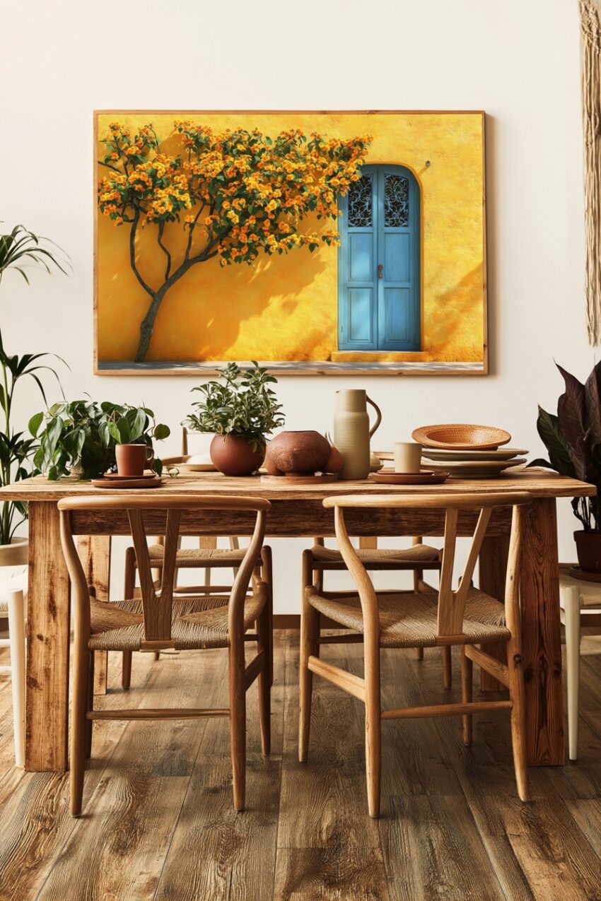 Kunstdruck mit blühendem Orangenbaum vor gelber Wand und blauem Holztür in warmen Farben