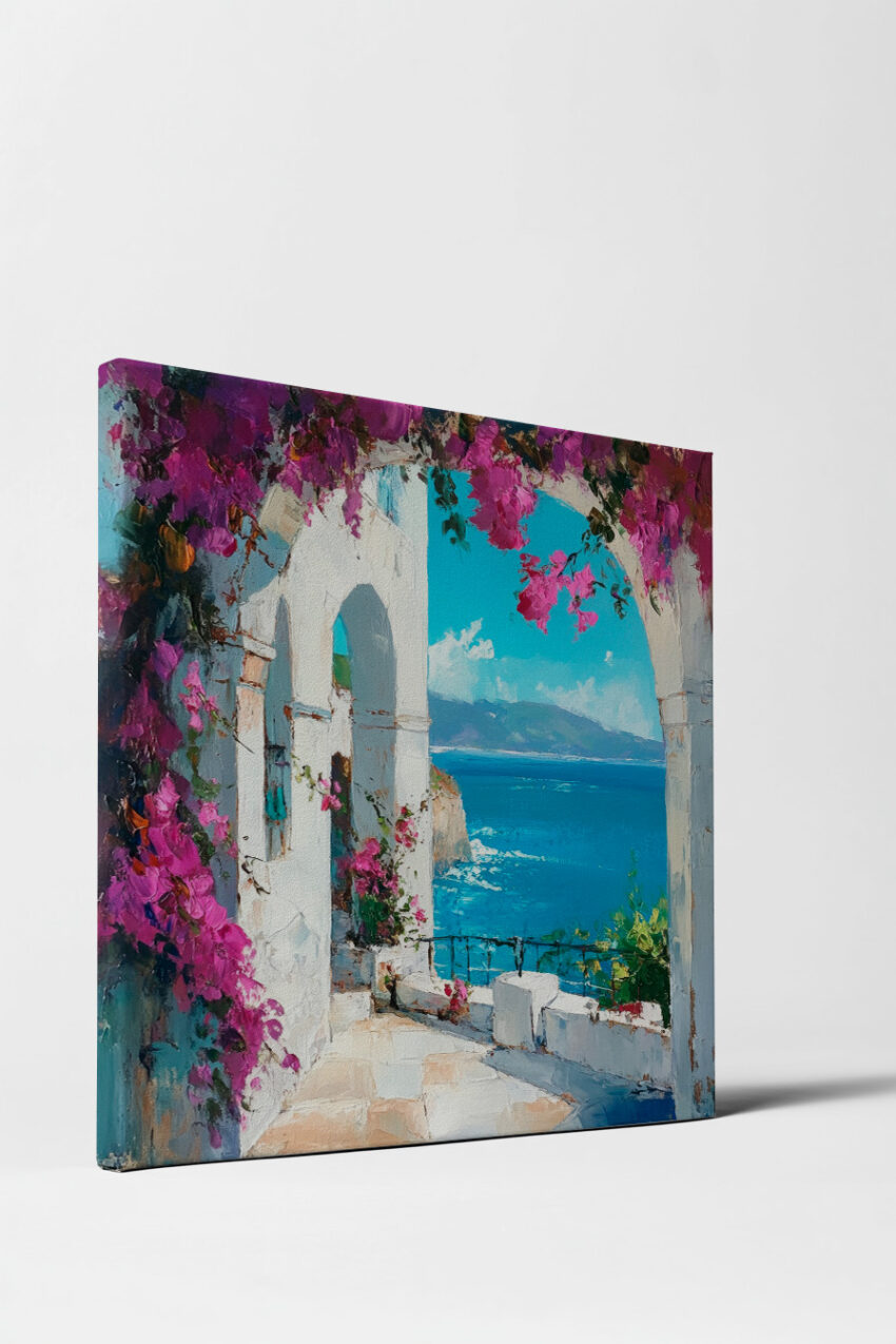 Kunstdruck eines mediterranen Bogens mit Bougainvillea und blauem Meer im Hintergrund, in leuchtenden Farben und impressionistischem Stil