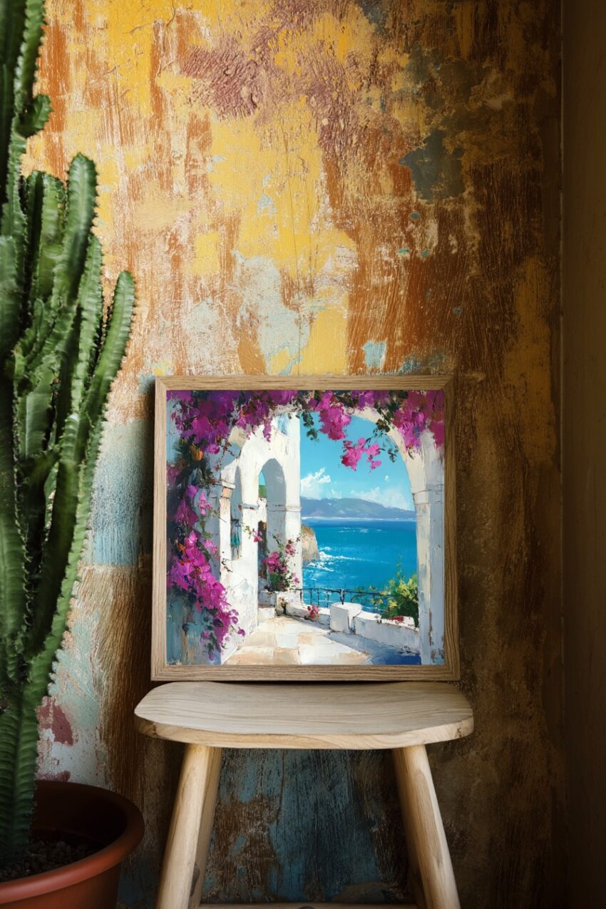 Kunstdruck eines mediterranen Bogens mit Bougainvillea und blauem Meer im Hintergrund, in leuchtenden Farben und impressionistischem Stil