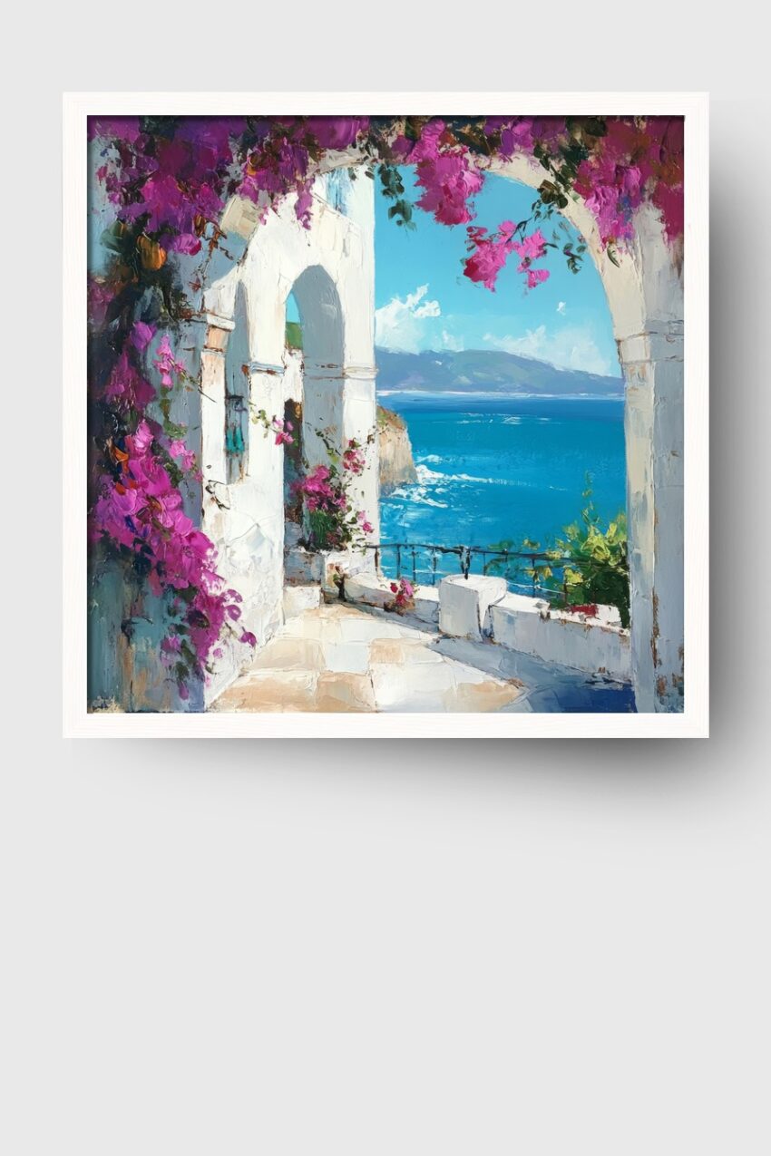 Kunstdruck eines mediterranen Bogens mit Bougainvillea und blauem Meer im Hintergrund, in leuchtenden Farben und impressionistischem Stil