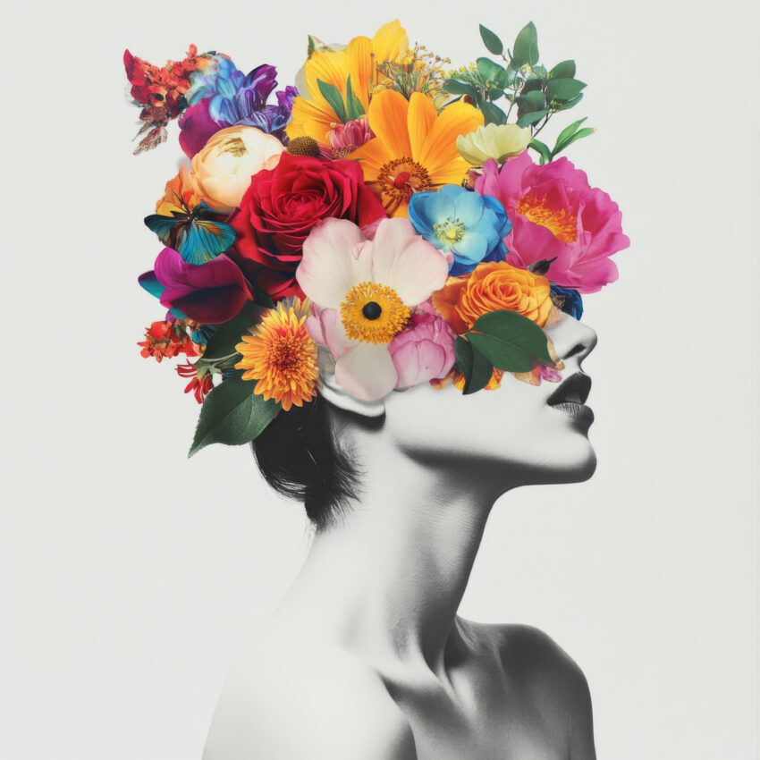 Schwarz Weiß Porträt einer Frau mit farbenfrohem Blumenkranz als Wandbild oder Kunstdruck