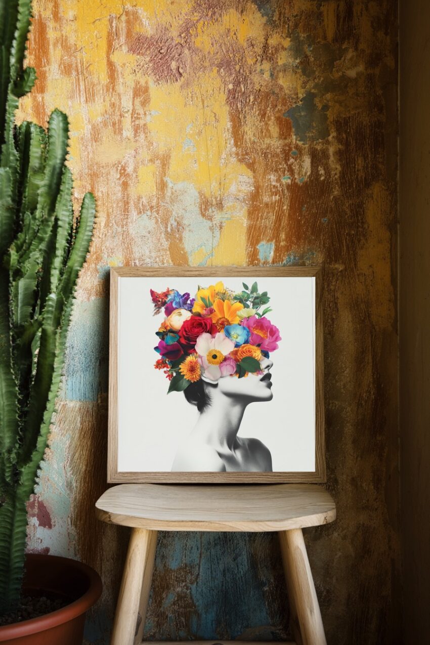 Schwarz Weiß Porträt einer Frau mit farbenfrohem Blumenkranz als Wandbild oder Kunstdruck