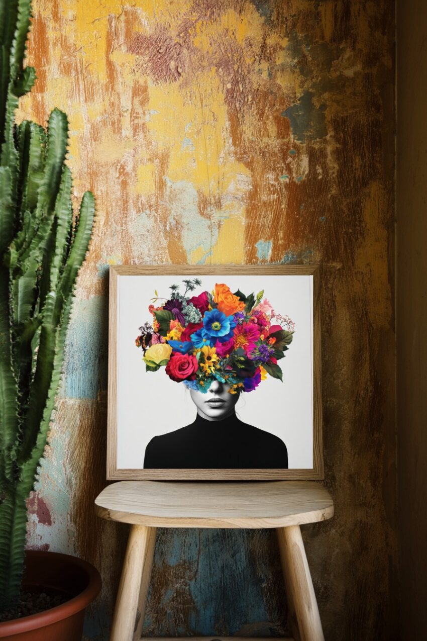 Kunstdruck einer Frau mit einer farbenfrohen Blumenkrone im Gesicht in moderner Gestaltung