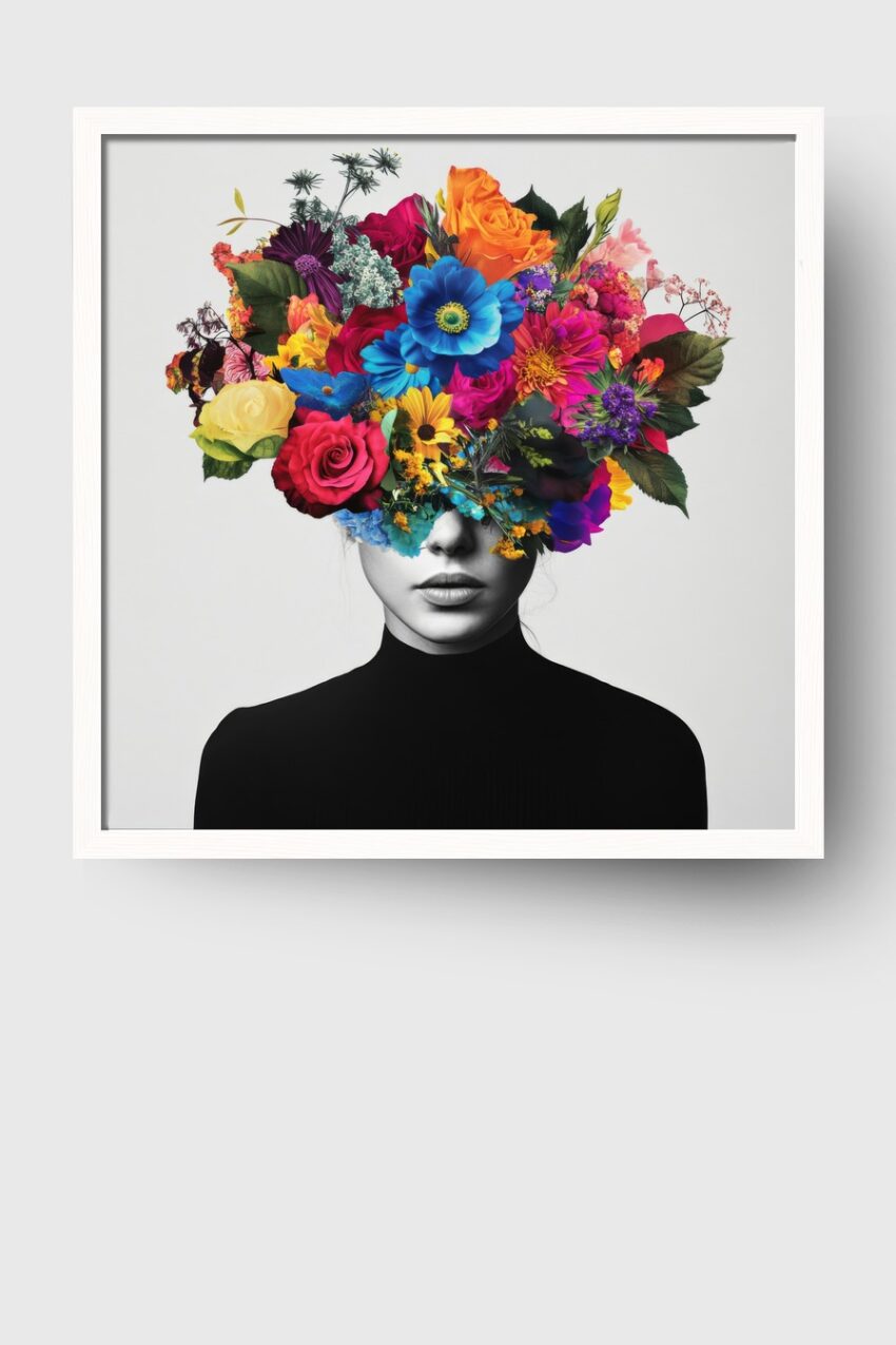 Kunstdruck einer Frau mit einer farbenfrohen Blumenkrone im Gesicht in moderner Gestaltung