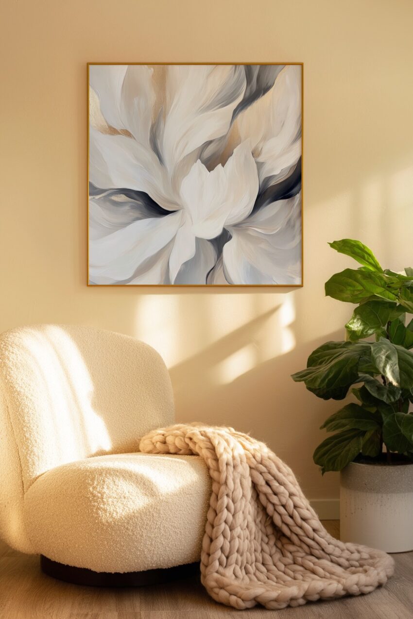 Poster mit abstrakter weißen Blüte in sanften Beige- und Grautönen