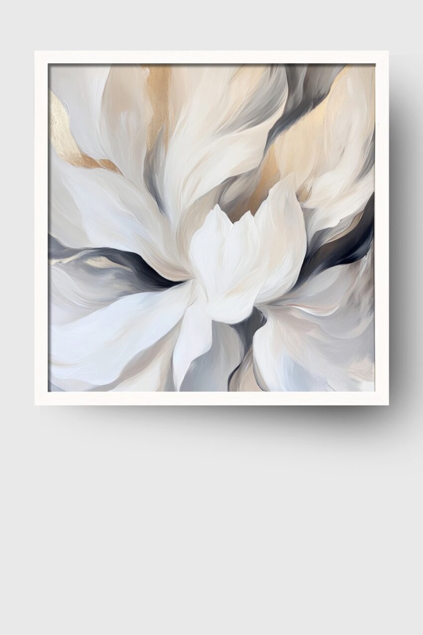 Poster mit abstrakter weißen Blüte in sanften Beige- und Grautönen