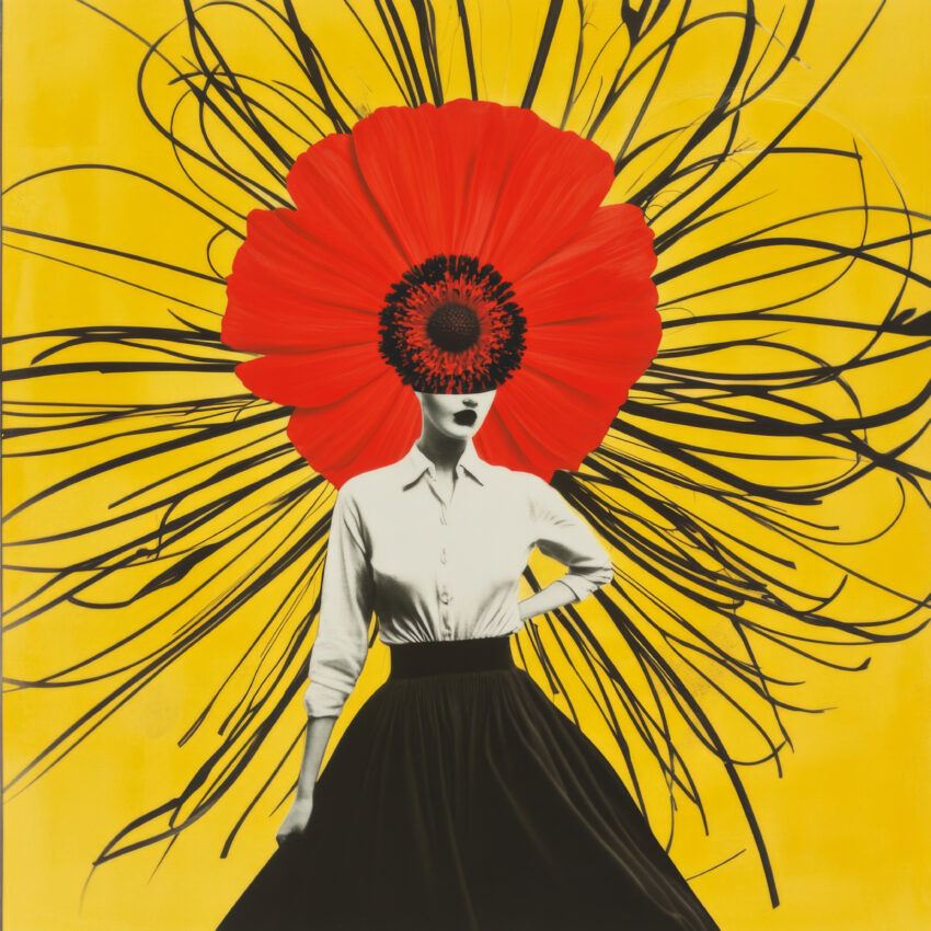 Poster mit stilisierter Frau mit großem rotem Mohnblumenkopf vor gelbem Hintergrund und schwarzen Linien in moderner Kunst