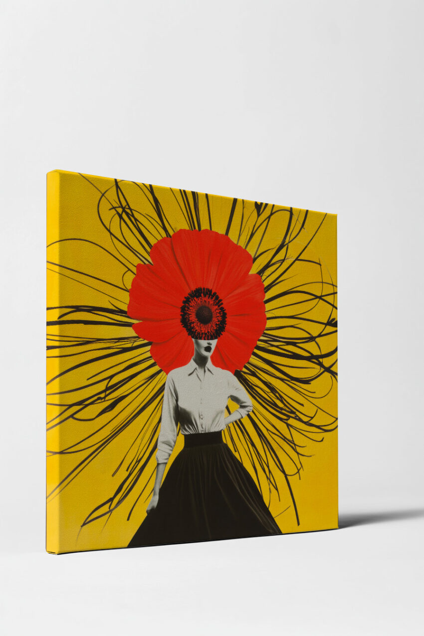 Poster mit stilisierter Frau mit großem rotem Mohnblumenkopf vor gelbem Hintergrund und schwarzen Linien in moderner Kunst