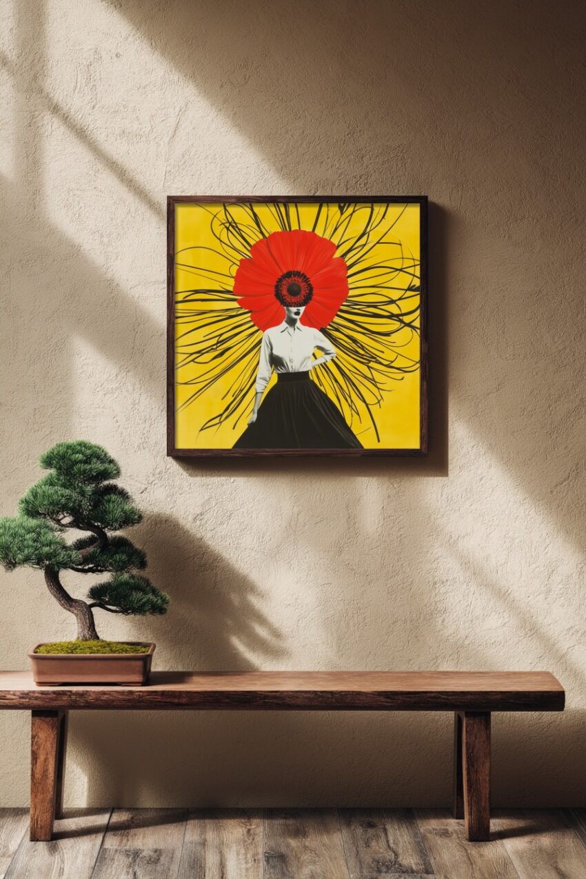 Poster mit stilisierter Frau mit großem rotem Mohnblumenkopf vor gelbem Hintergrund und schwarzen Linien in moderner Kunst