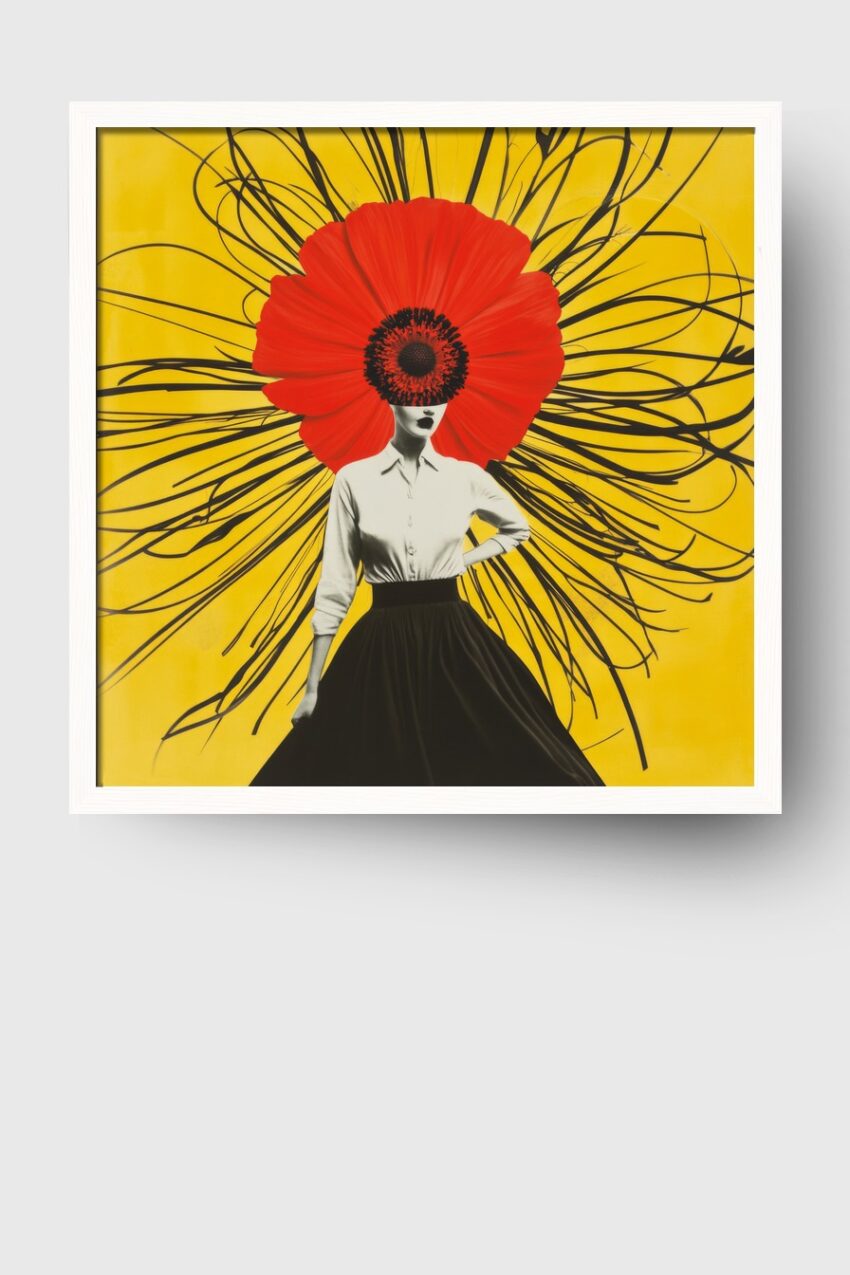Poster mit stilisierter Frau mit großem rotem Mohnblumenkopf vor gelbem Hintergrund und schwarzen Linien in moderner Kunst