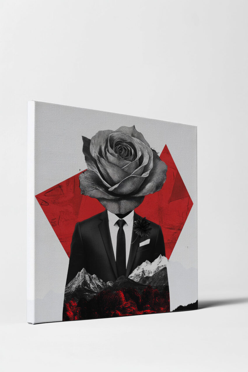 Poster mit surrealem Motiv eines Mannes im Anzug mit Rosenkopf vor rotem geometrischem Hintergrund und Berglandschaft, schwarz weiß und rot