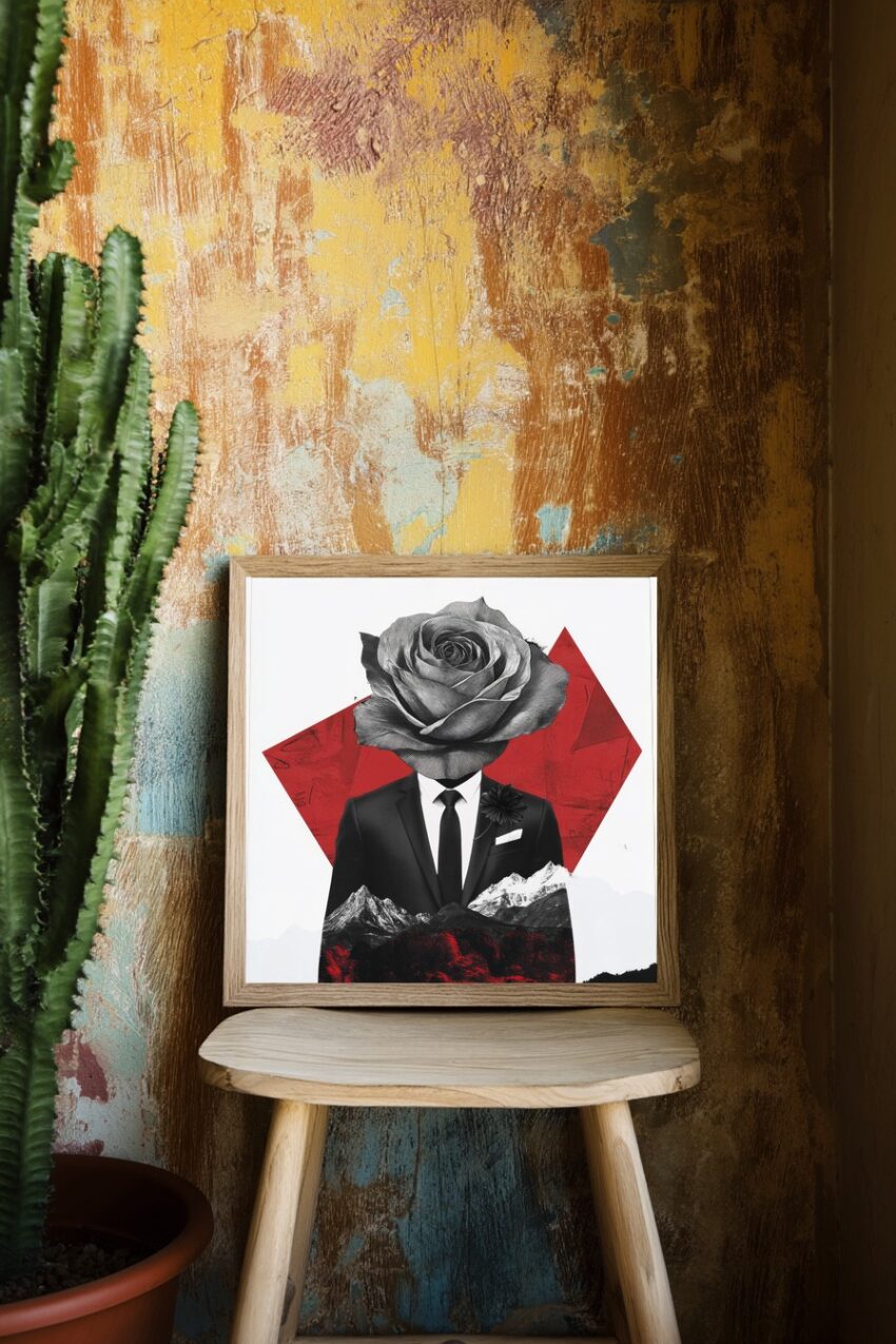 Poster mit surrealem Motiv eines Mannes im Anzug mit Rosenkopf vor rotem geometrischem Hintergrund und Berglandschaft, schwarz weiß und rot