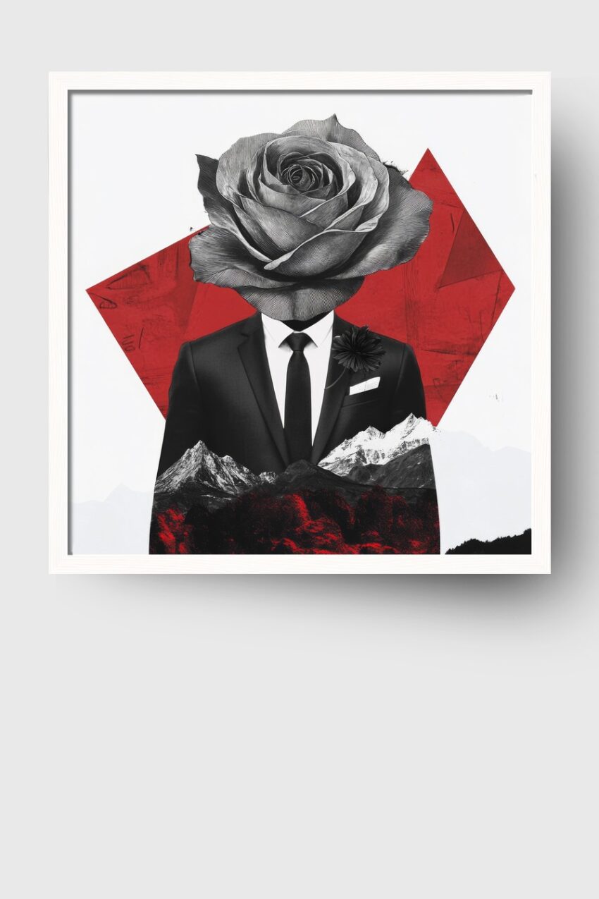 Poster mit surrealem Motiv eines Mannes im Anzug mit Rosenkopf vor rotem geometrischem Hintergrund und Berglandschaft, schwarz weiß und rot