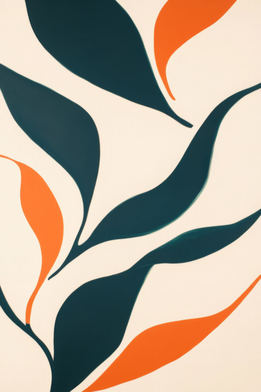 Abstraktes Bild mit organischen Blattformen in Dunkelgrün und Orange auf beige Hintergrund als moderner Kunstdruck