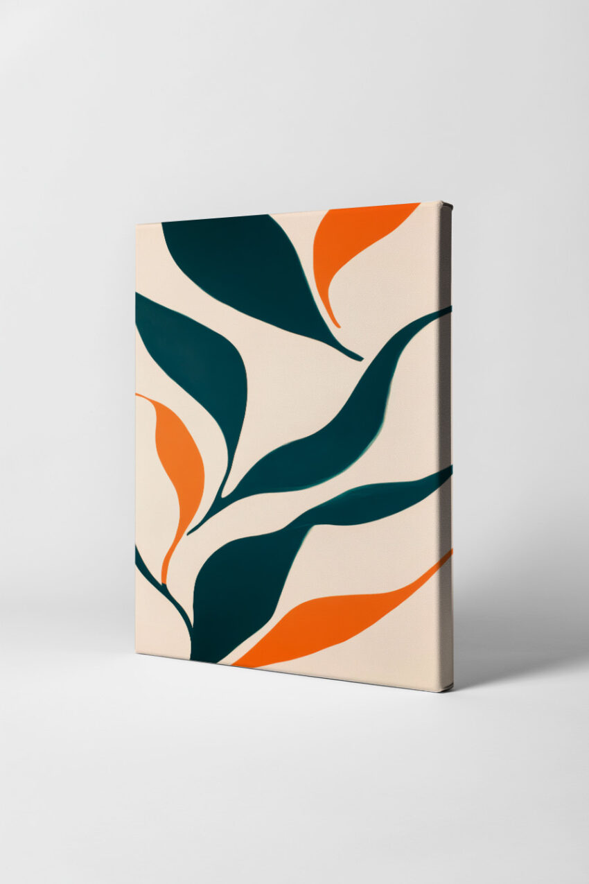 Abstraktes Bild mit organischen Blattformen in Dunkelgrün und Orange auf beige Hintergrund als moderner Kunstdruck