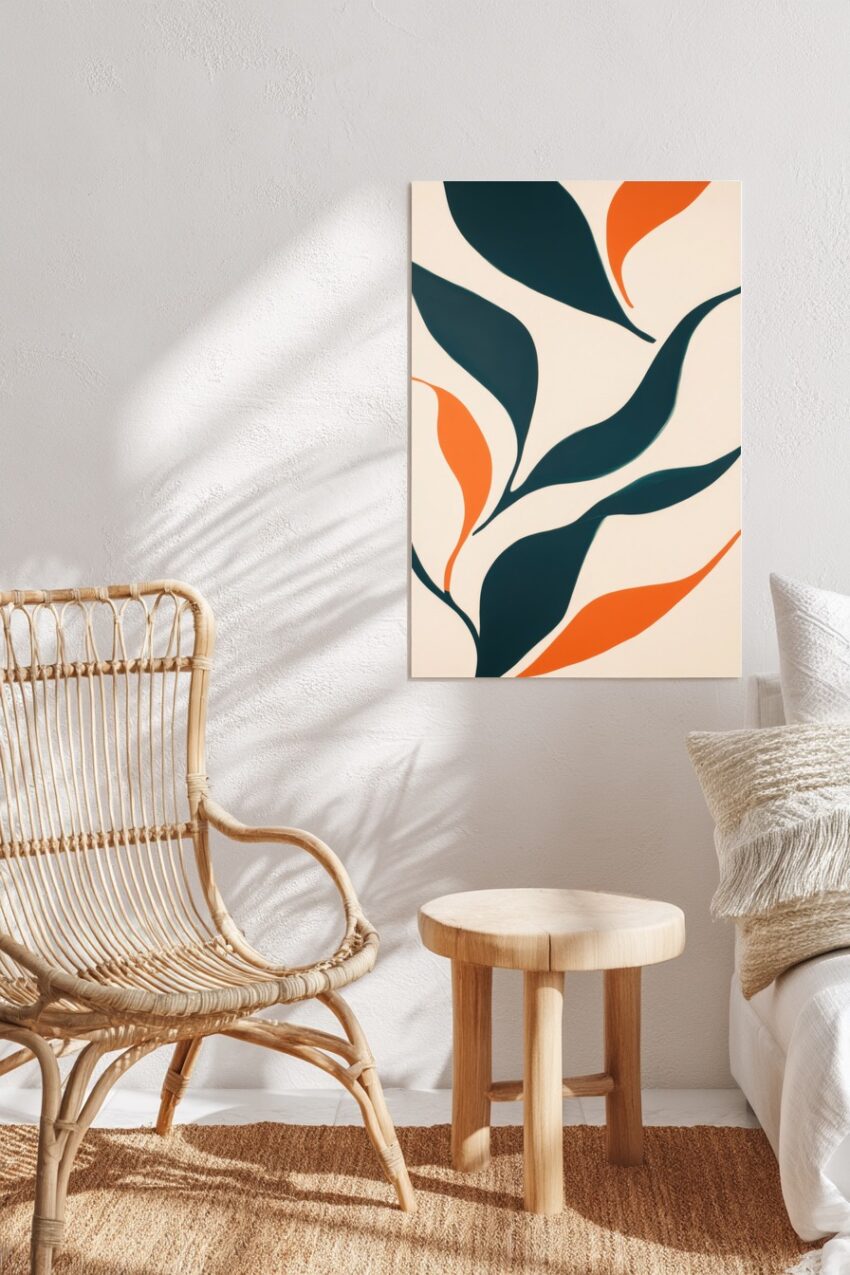 Abstraktes Bild mit organischen Blattformen in Dunkelgrün und Orange auf beige Hintergrund als moderner Kunstdruck