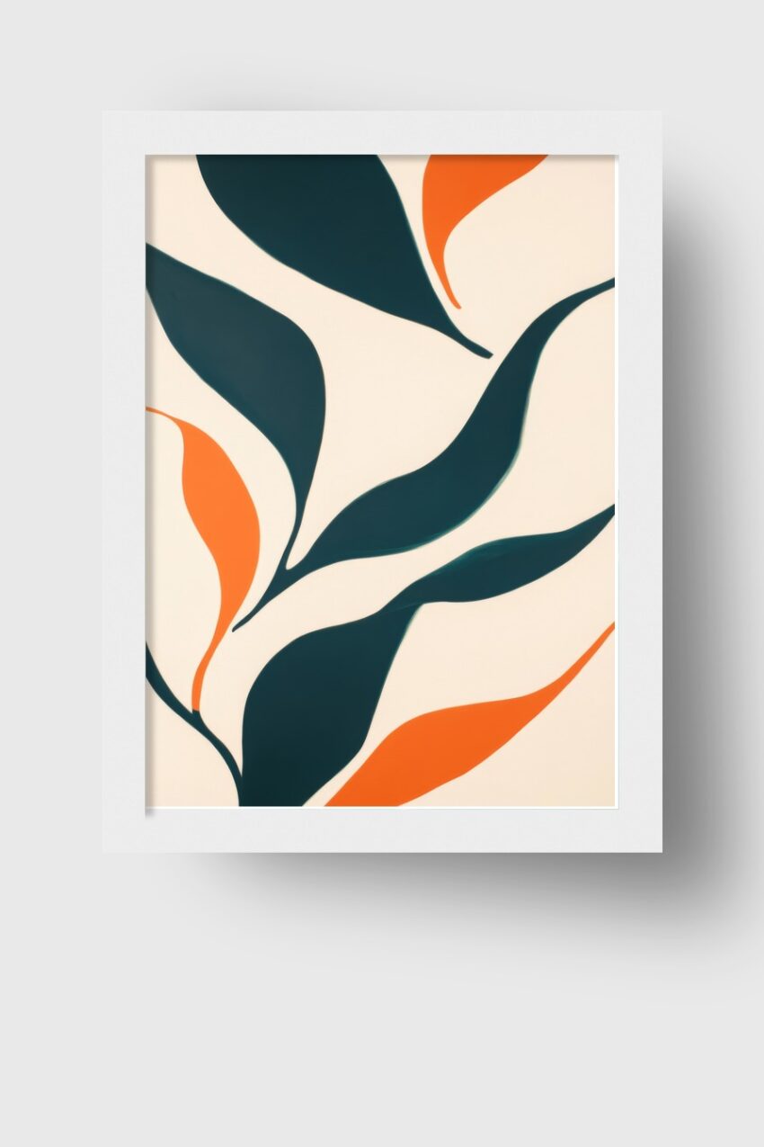 Abstraktes Bild mit organischen Blattformen in Dunkelgrün und Orange auf beige Hintergrund als moderner Kunstdruck