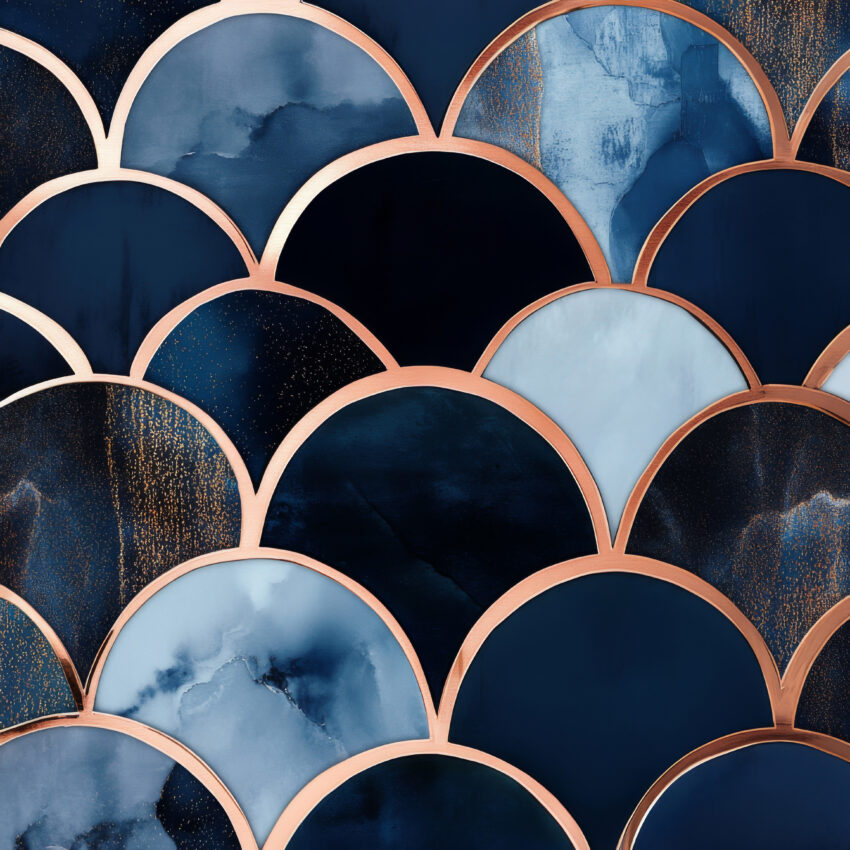 Poster mit abstrakten blauen Bogenformen und kupferfarbenen Konturen in modernem Stil