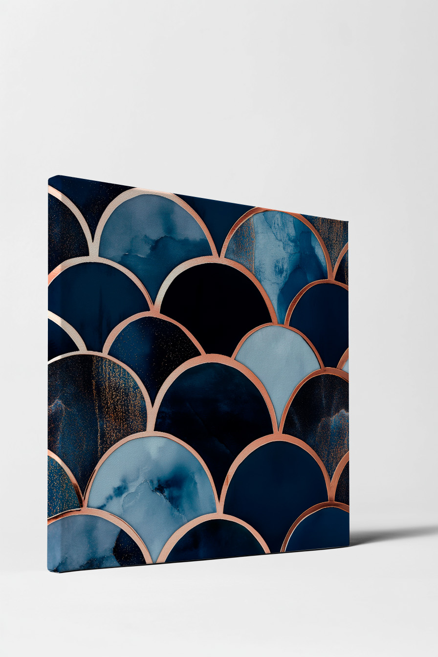 Poster mit abstrakten blauen Bogenformen und kupferfarbenen Konturen in modernem Stil