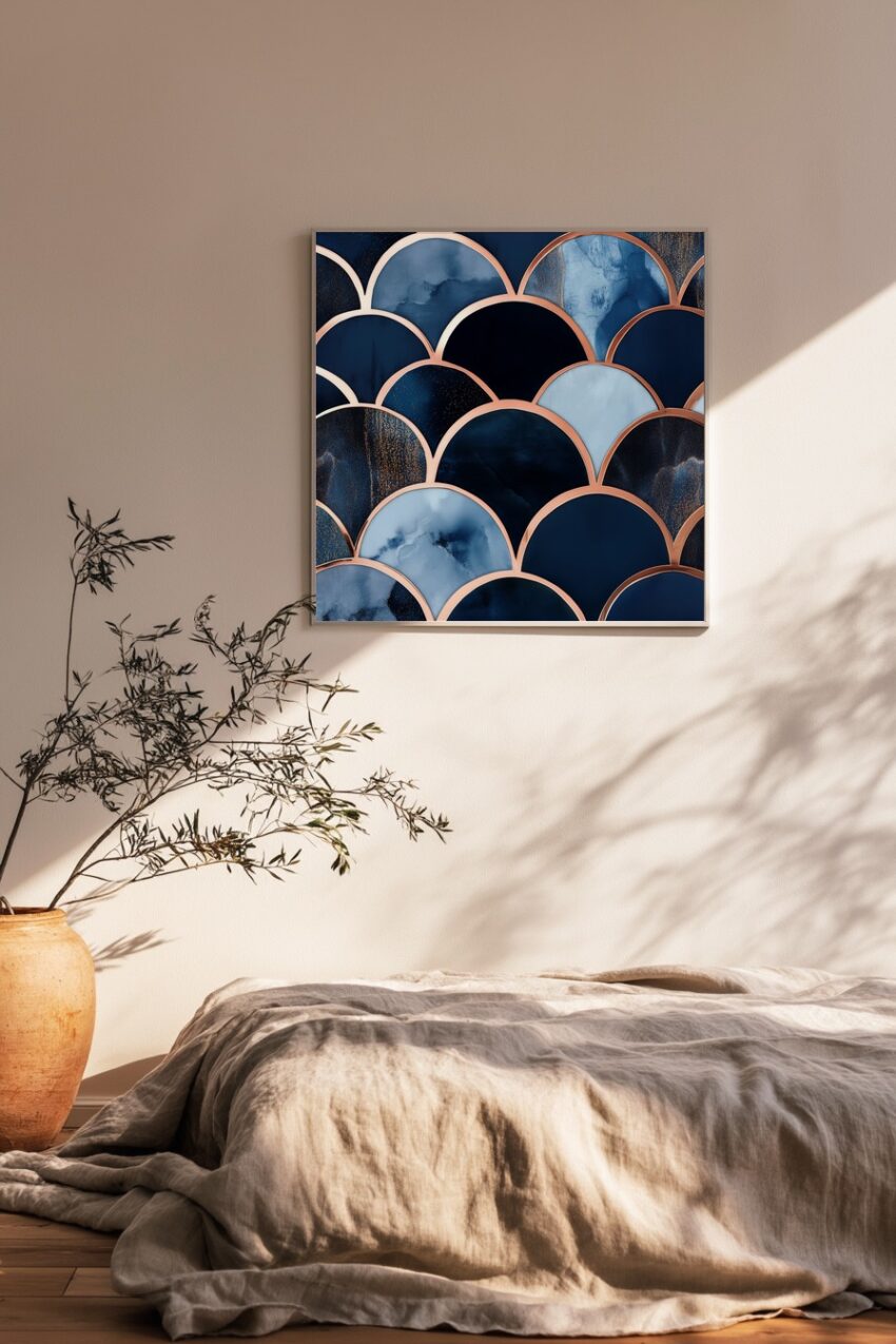 Poster mit abstrakten blauen Bogenformen und kupferfarbenen Konturen in modernem Stil