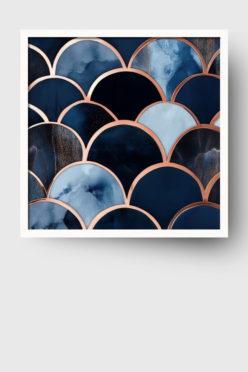 Poster mit abstrakten blauen Bogenformen und kupferfarbenen Konturen in modernem Stil