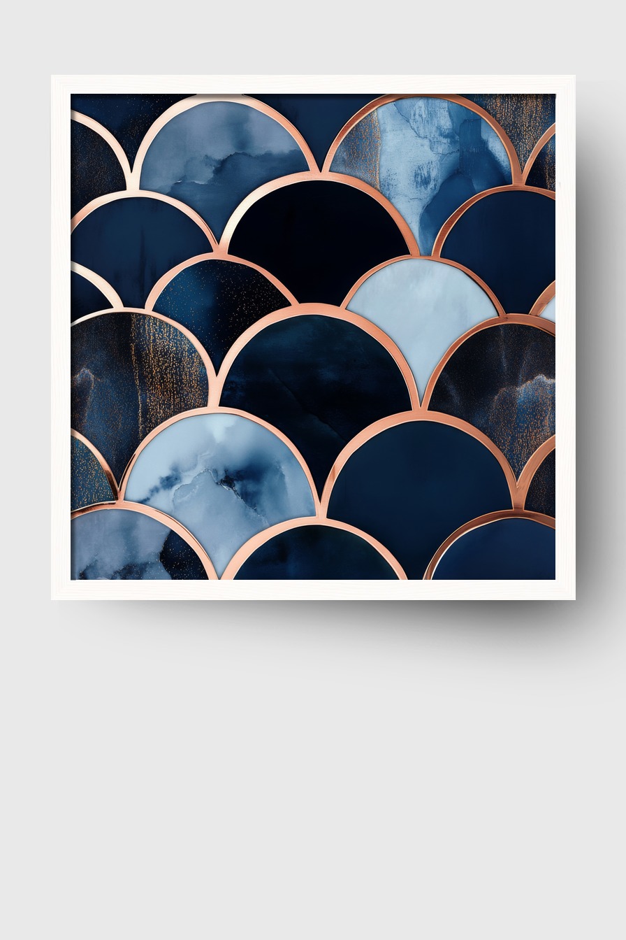 Poster mit abstrakten blauen Bogenformen und kupferfarbenen Konturen in modernem Stil