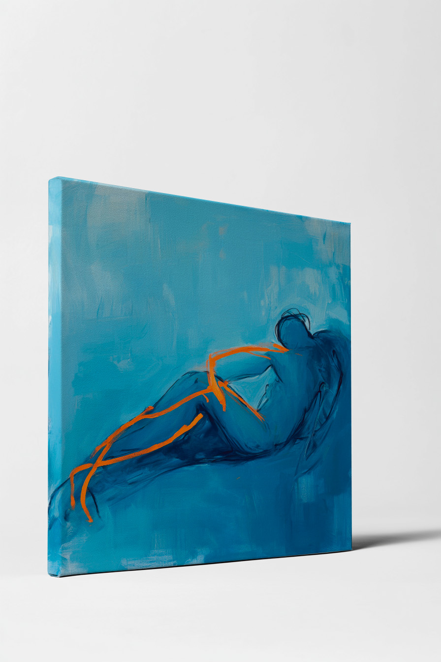 Kunstdruck abstrakter liegender Mensch in Blau mit orangen Linien in expressionistischem Stil