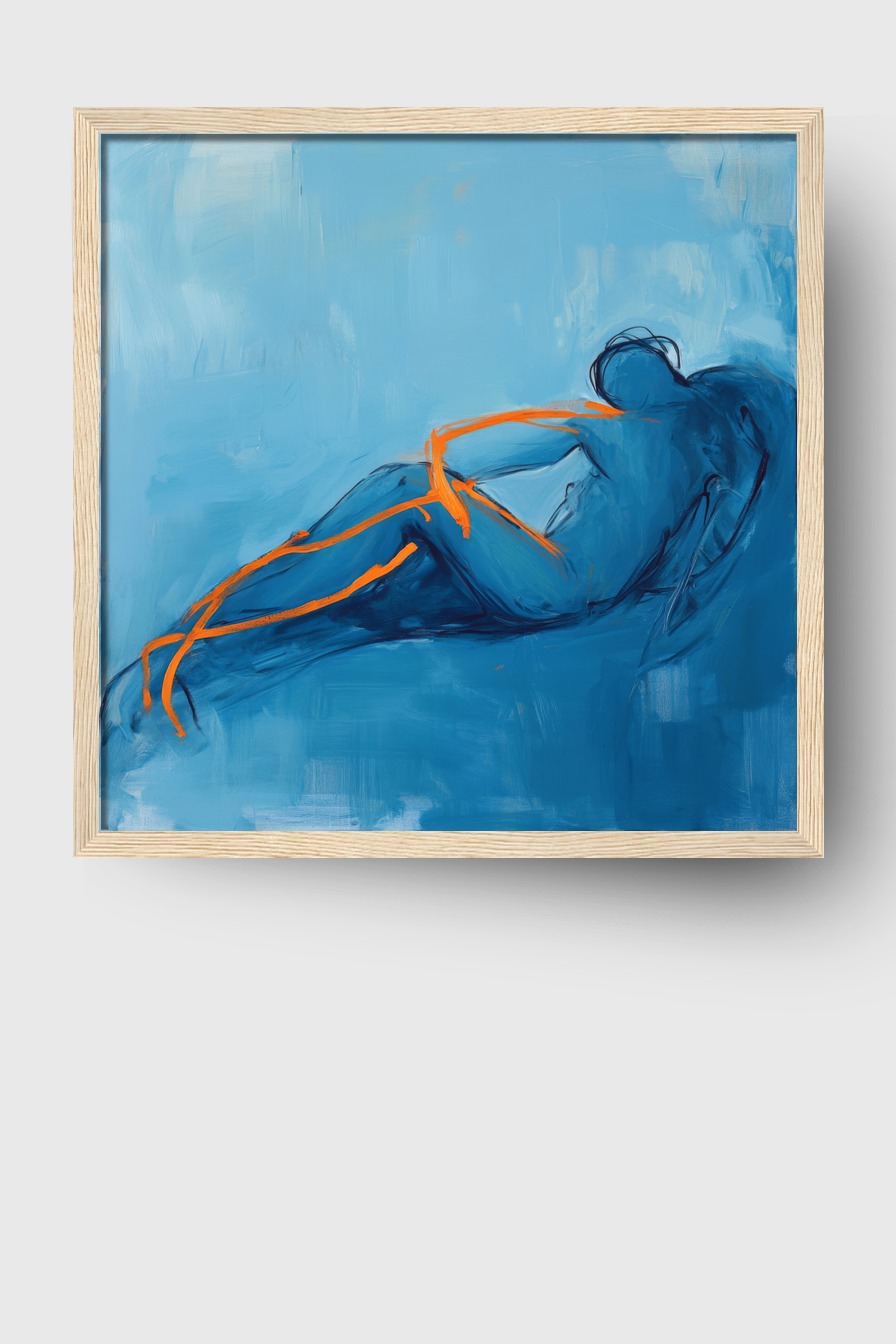 Kunstdruck abstrakter liegender Mensch in Blau mit orangen Linien in expressionistischem Stil