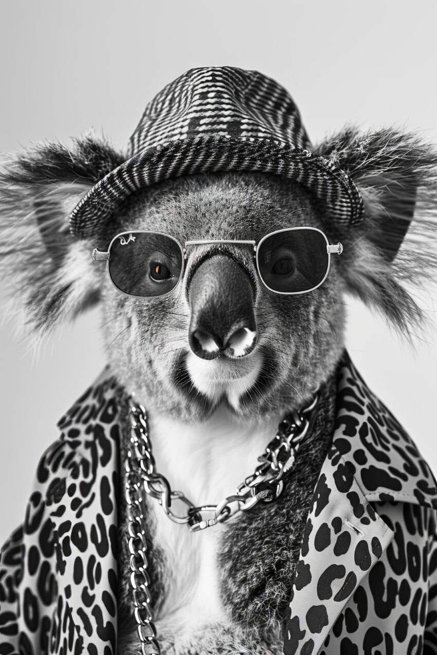 Poster mit Koala in Sonnenbrille und gemustertem Hut sowie Leopardenjacke in Schwarzweiß