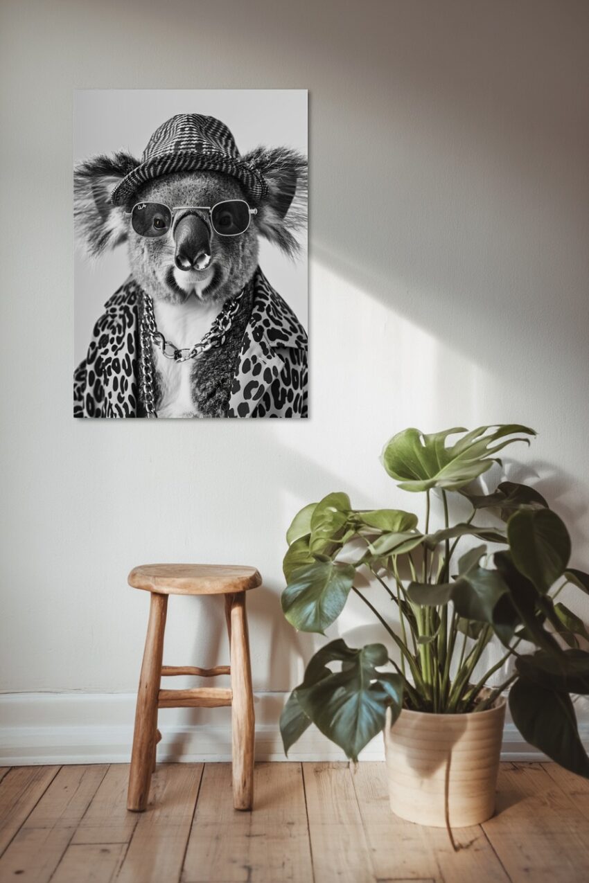 Schwarz-weißes Poster mit Koala in Sonnenbrille, Hut und Leopardenmantel als dekorativer Kunstdruck