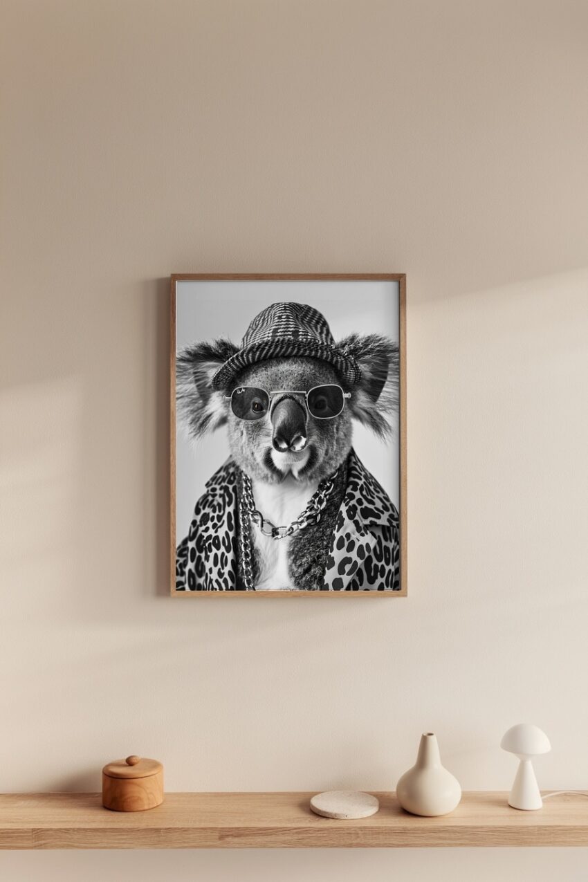 Poster mit Koala in Sonnenbrille und gemustertem Hut sowie Leopardenjacke in Schwarzweiß