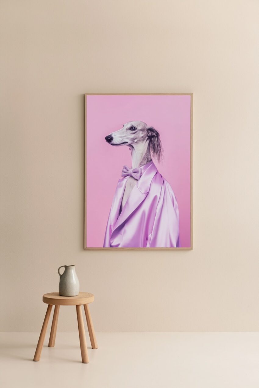 Poster mit einem langhaarigen Windhund im lila Sakko und Fliege vor rosa Hintergrund in stilvollem Design