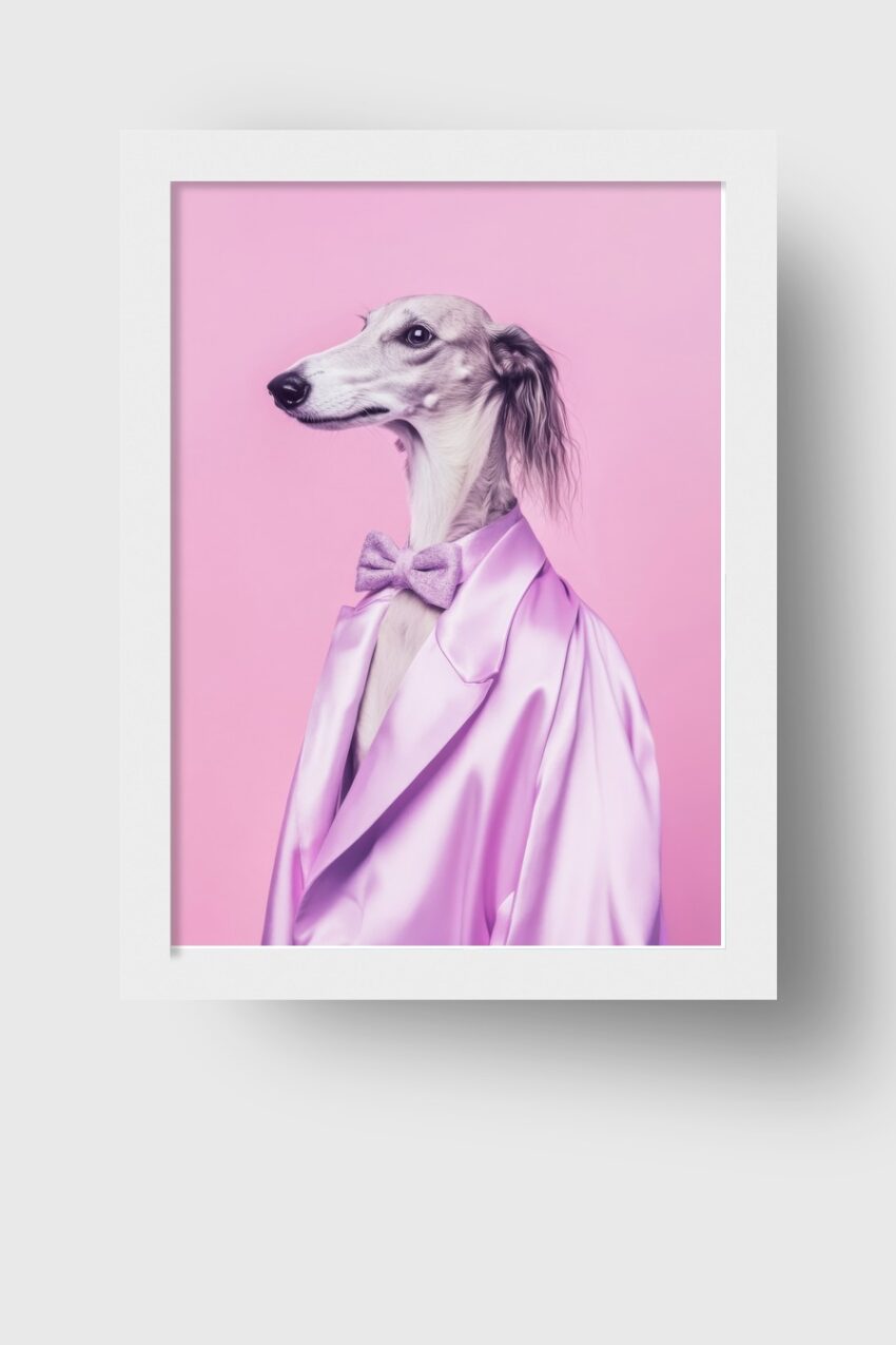 Poster mit einem langhaarigen Windhund im lila Sakko und Fliege vor rosa Hintergrund in stilvollem Design