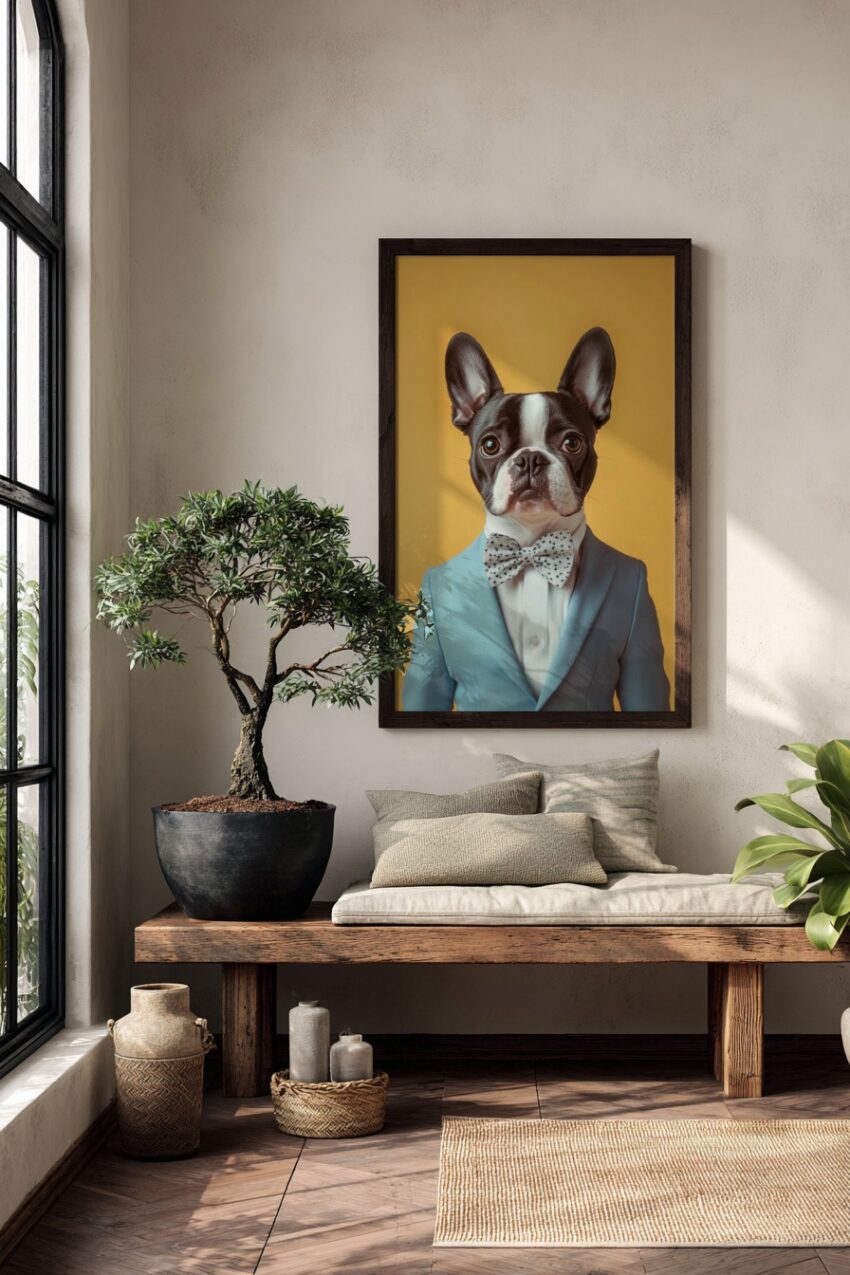 Poster mit französischer Bulldogge im hellblauen Anzug und gemusterter Fliege vor gelbem Hintergrund in moderner Tierfotografie