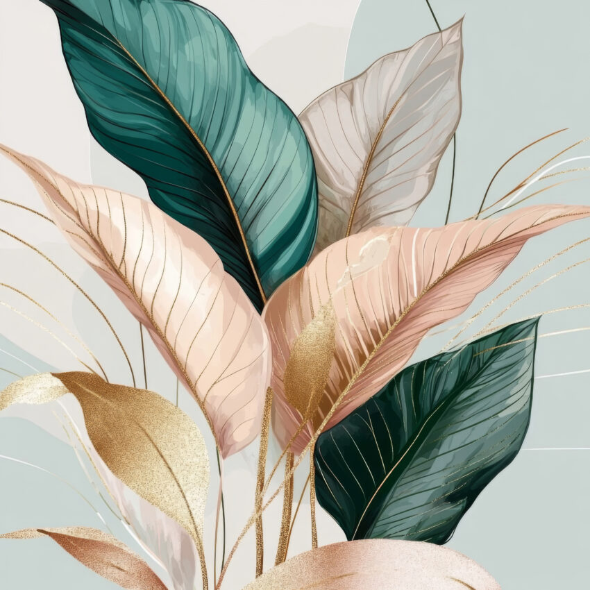 Poster mit digitaler Illustration bunter Blätter in Pastellfarben und goldenen Akzenten als dekoratives Wandbild