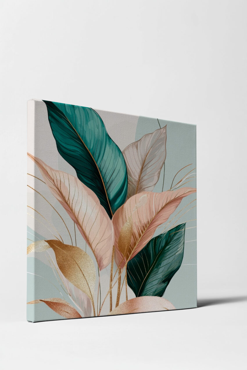 Poster mit digitaler Illustration bunter Blätter in Pastellfarben und goldenen Akzenten als dekoratives Wandbild