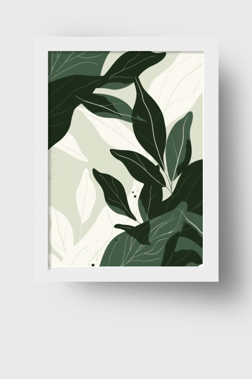 Poster mit grünen Blättern und feinen Adern vor hellem Hintergrund in minimalistischer Stilrichtung