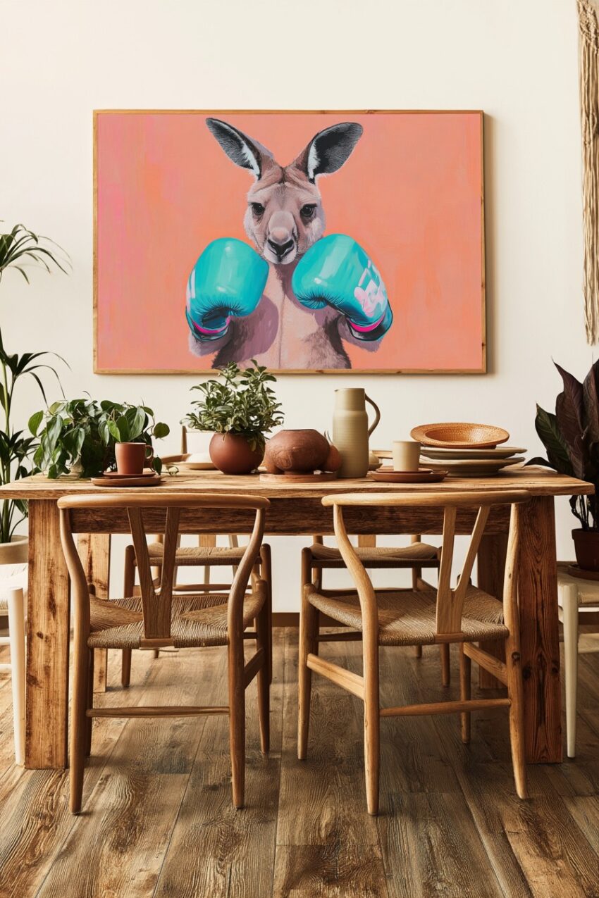 Poster mit einem Känguru, das blaue Boxhandschuhe trägt vor orange-rosa Hintergrund, farbenfroh und modern