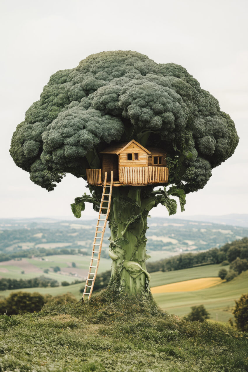 Poster mit einem kreativen Baumhaus aus Brokkoli vor ländlicher grüner Landschaft in natürlichem Stil