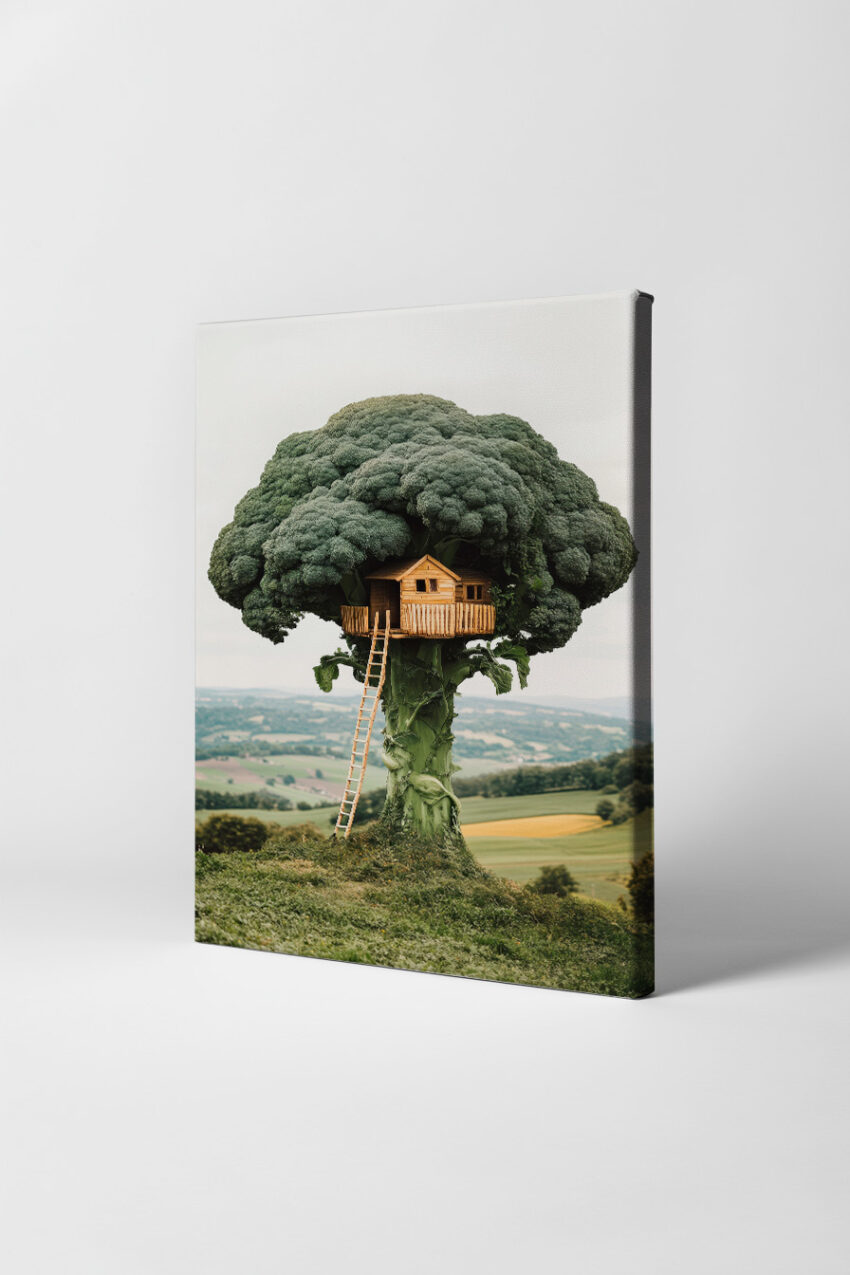 Poster mit einem kreativen Baumhaus aus Brokkoli vor ländlicher grüner Landschaft in natürlichem Stil
