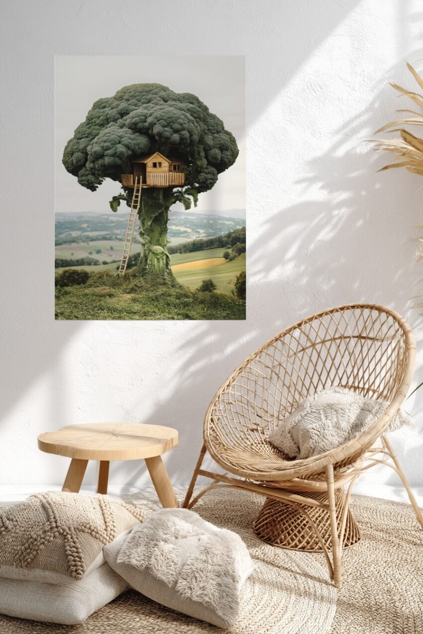 Poster mit einem kreativen Baumhaus aus Brokkoli vor ländlicher grüner Landschaft in natürlichem Stil